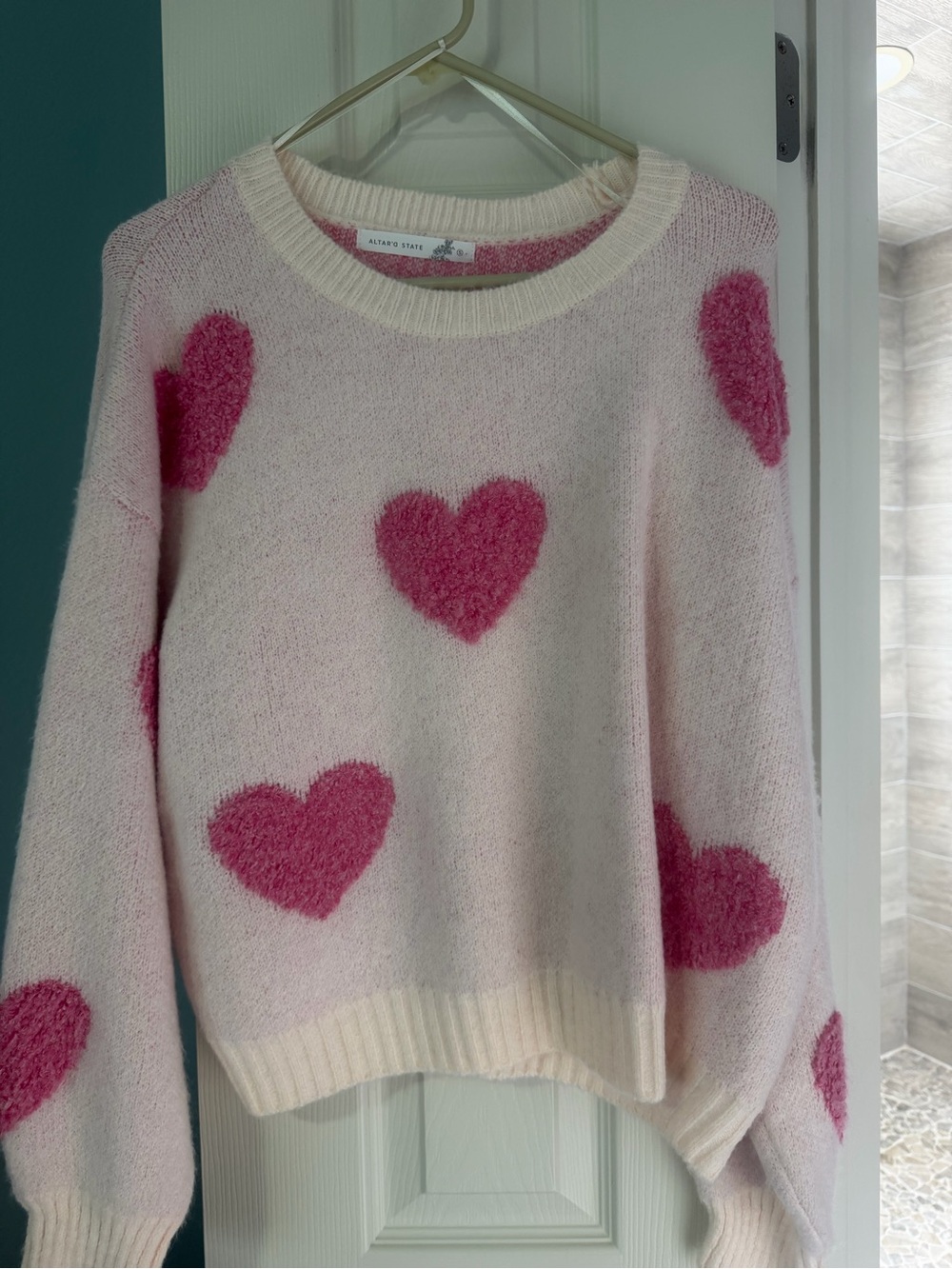 Altar'd State Pink and Hot Pink Heart Crewneck Sweater